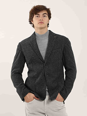 Dufy Koyu Gri Erkek Slim Fit Ekose Desenli Casual Mono Yaka Ceket - 97184