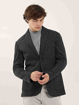 Dufy Koyu Gri Erkek Slim Fit Ekose Desenli Casual Mono Yaka Ceket - 97184