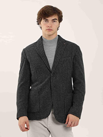 Dufy Koyu Gri Erkek Slim Fit Ekose Desenli Casual Mono Yaka Ceket - 97184
