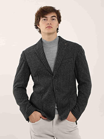 Dufy Koyu Gri Erkek Slim Fit Ekose Desenli Casual Mono Yaka Ceket - 97184