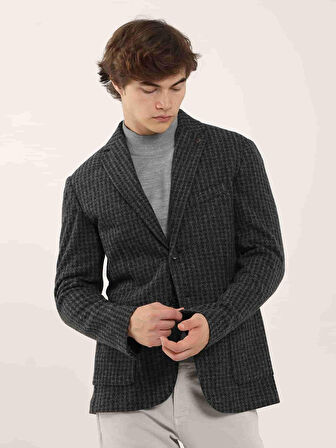 Dufy Koyu Gri Erkek Slim Fit Ekose Desenli Casual Mono Yaka Ceket - 97184