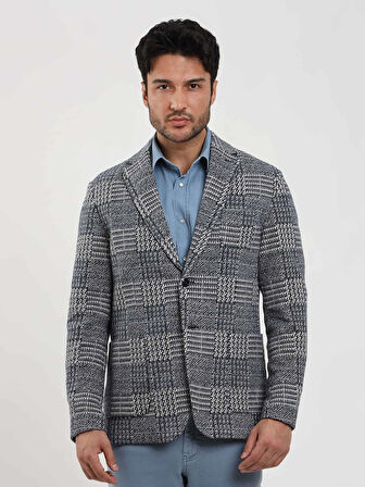 Dufy Lacivert Erkek Slim Fit Jakarlı Casual Mono Yaka Ceket - 97191