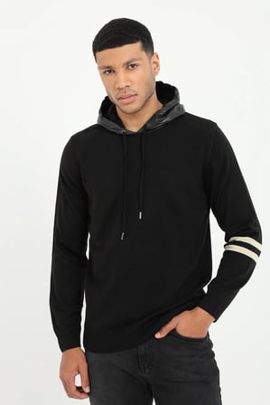 Erkek Slim Fit Kapüşonlu Siyah Triko