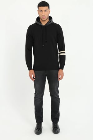 Erkek Slim Fit Kapüşonlu Siyah Triko