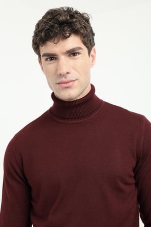 Erkek Slim Fit Tam Balıkçı Yaka Bordo Triko