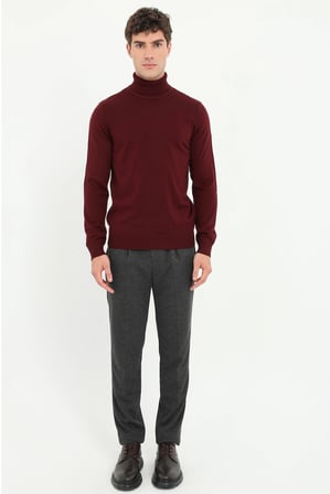 Erkek Slim Fit Tam Balıkçı Yaka Bordo Triko