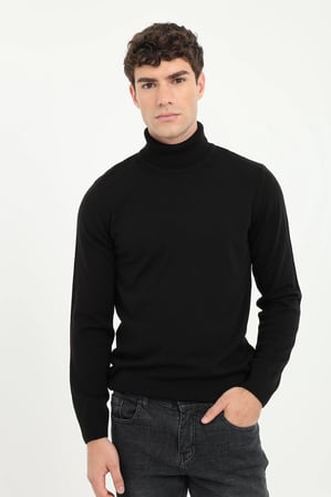 Erkek Slim Fit Tam Balıkçı Yaka Siyah Triko
