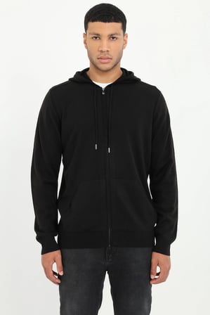 Erkek Slim Fit Kapüşonlu Siyah Triko