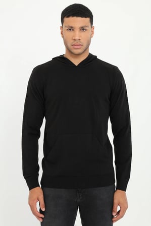 Erkek Slim Fit Kapüşonlu Siyah Triko