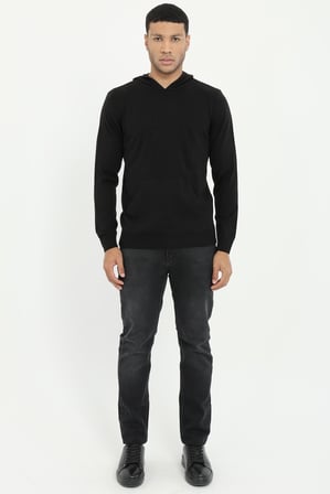 Erkek Slim Fit Kapüşonlu Siyah Triko