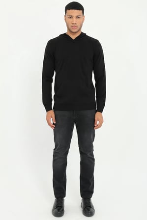 Erkek Slim Fit Kapüşonlu Siyah Triko