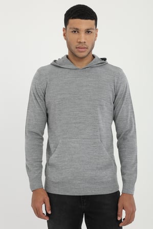 Erkek Slim Fit Kapüşonlu Gri Triko