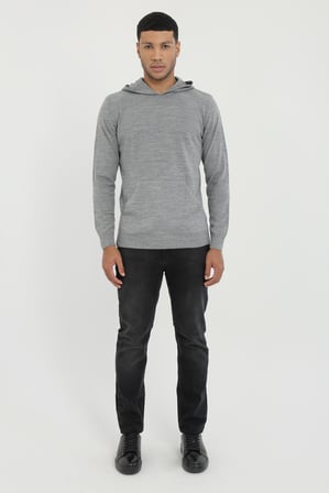 Erkek Slim Fit Kapüşonlu Gri Triko