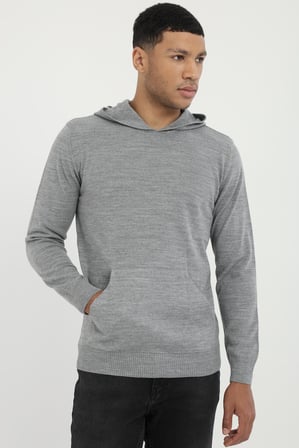 Erkek Slim Fit Kapüşonlu Gri Triko