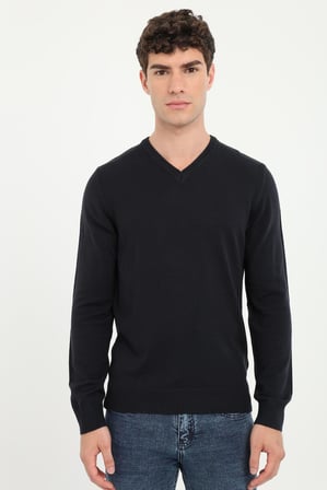 Erkek Slim Fit V Yaka Lacivert Triko