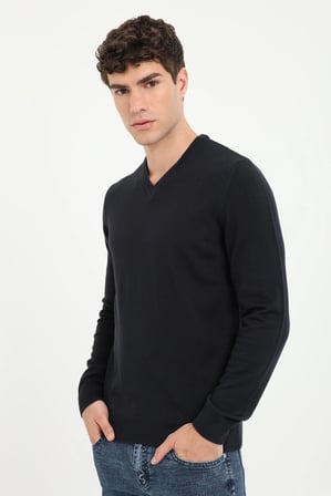 Erkek Slim Fit V Yaka Lacivert Triko
