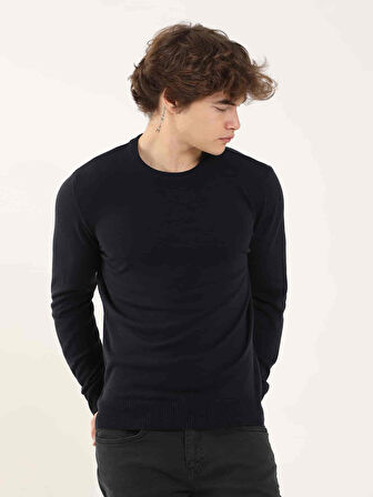 Dufy Lacivert Erkek Slim Fit Düz Klasik O Yaka Kazak - 97514