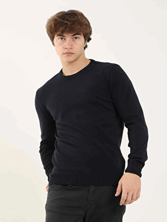 Dufy Lacivert Erkek Slim Fit Düz Klasik O Yaka Kazak - 97514