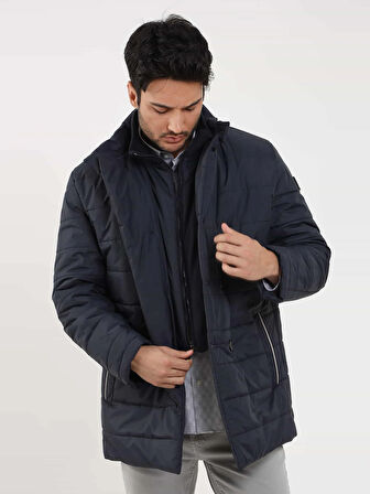 Dufy Lacivert Erkek Regular Fit Düz Kapüşonlu Şişme Mont - 97567