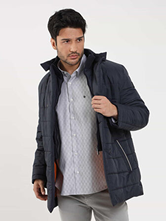 Dufy Lacivert Erkek Regular Fit Düz Kapüşonlu Şişme Mont - 97567
