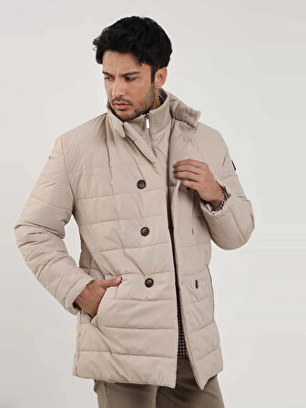 Dufy Bej Erkek Regular Fit Düz Kapüşonlu Şişme Mont - 97572