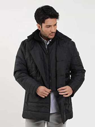 Dufy Siyah Erkek Regular Fit Düz Kapüşonlu Şişme Mont - 97577