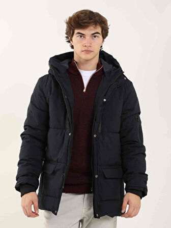 Dufy Lacivert Erkek Regular Fit Düz  Kapüşonlu Mont - 96984