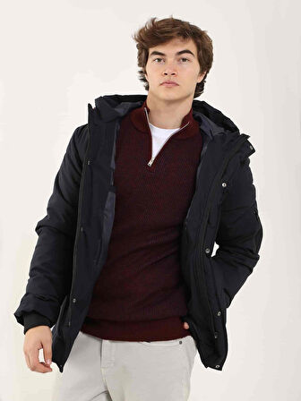 Dufy Lacivert Erkek Regular Fit Düz  Kapüşonlu Mont - 96984