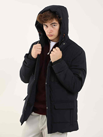 Dufy Lacivert Erkek Regular Fit Düz  Kapüşonlu Mont - 96984