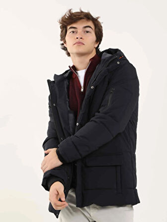 Dufy Lacivert Erkek Regular Fit Düz  Kapüşonlu Mont - 96984