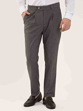 Dufy Kahverengi Erkek Slim Fit Melanj Desenli Klasik Pantolon - 97655