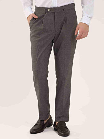 Dufy Kahverengi Erkek Slim Fit Melanj Desenli Klasik Pantolon - 97655