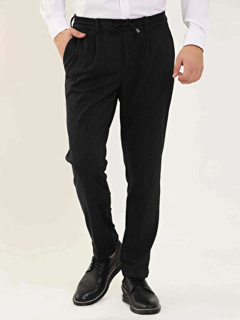 Dufy Siyah Erkek Slim Fit Çizgili Klasik Pantolon - 97676