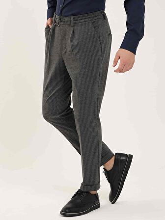 Dufy Koyu Gri Erkek Slim Fit Çizgili Klasik Pantolon - 97683