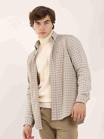 Dufy Kiremit Erkek Regular Fit Kareli Düğmeli Yaka Uzun Kol Oduncu Gömlek - 97896