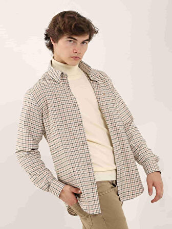 Dufy Kiremit Erkek Regular Fit Kareli Düğmeli Yaka Uzun Kol Oduncu Gömlek - 97896