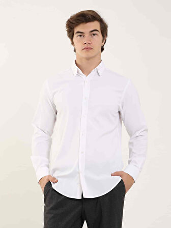 Dufy Beyaz Erkek Slim Fit Kareli Alttan Düğmeli Yaka Uzun Kol Gömlek - 97906