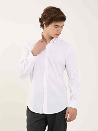 Dufy Beyaz Erkek Slim Fit Kareli Alttan Düğmeli Yaka Uzun Kol Gömlek - 97906