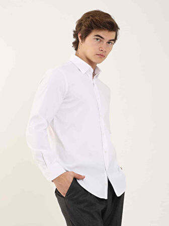 Dufy Beyaz Erkek Slim Fit Kareli Alttan Düğmeli Yaka Uzun Kol Gömlek - 97906