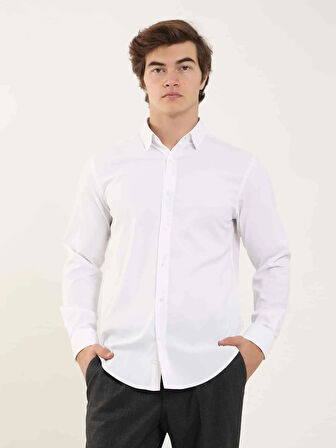 Dufy Beyaz Erkek Slim Fit Kareli Alttan Düğmeli Yaka Uzun Kol Gömlek - 97906