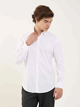 Dufy Beyaz Erkek Slim Fit Kareli Alttan Düğmeli Yaka Uzun Kol Gömlek - 97906