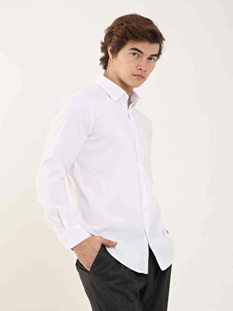 Dufy Beyaz Erkek Slim Fit Kareli Alttan Düğmeli Yaka Uzun Kol Gömlek - 97906