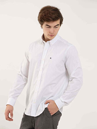 Dufy Hardal Erkek Regular Fit Çizgili Düğmeli Yaka Uzun Kol Gömlek - 97916