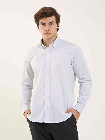 Dufy Lacivert Erkek Regular Fit Çizgili Düğmeli Yaka Uzun Kol Gömlek - 97936