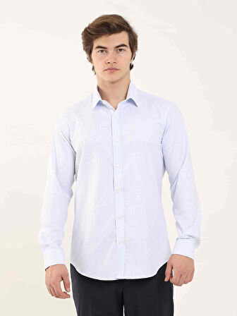 Dufy Mavi Erkek Slim Fit Çizgili Klasik Yaka Uzun Kol Gömlek - 97941