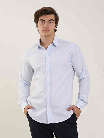 Dufy Mavi Erkek Slim Fit Çizgili Klasik Yaka Uzun Kol Gömlek - 97941