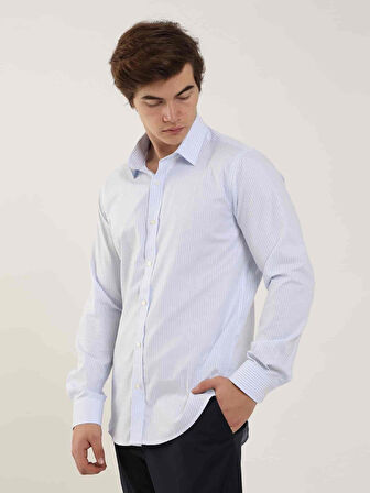 Dufy Mavi Erkek Slim Fit Çizgili Klasik Yaka Uzun Kol Gömlek - 97941