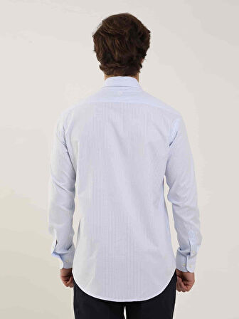 Dufy Mavi Erkek Slim Fit Çizgili Klasik Yaka Uzun Kol Gömlek - 97941