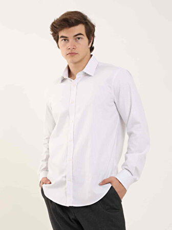 Dufy Gri Erkek Slim Fit Çizgili Klasik Yaka Uzun Kol Gömlek - 97946