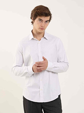 Dufy Gri Erkek Slim Fit Çizgili Klasik Yaka Uzun Kol Gömlek - 97946